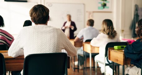 Series, classroom and teacher with students at university for learning, studying and writing exams. Montage, college and learners with books, tablet and celebrate for knowledge, education and lesson - Powered by Adobe