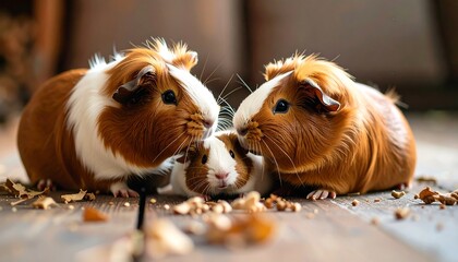 Three guinea pigs on a wooden floor