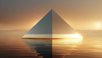 Pyramid floats on tranquil water at sunset