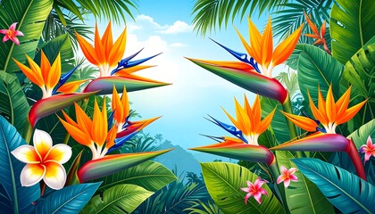Naklejka premium Tropical flower paradise. Lush jungle scene with vibrant bird of paradise flowers