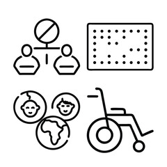 Four distinct icons illustrate concepts of family lineage, braille literacy, global inclusivity, and accessibility with a wheelchair.