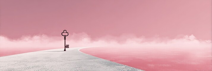 A vintage key stands sentinel on a snow-covered path, leading to a misty, rose-hued horizon
