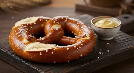 Traditional German pretzel with salt, styled on wooden board with mustard, cozy bakery atmosphere
