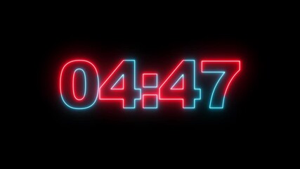 Glowing neon 5 minutes countdown with black background.5 Minute Digital Negative Countdown. seconds on transparent background 300 second countdown timer, Countdown video with alpha channel - Powered by Adobe