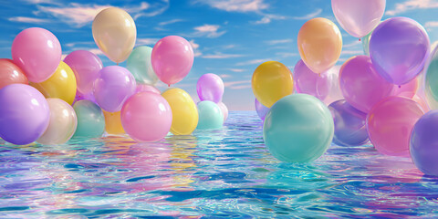 A pool filled with pastel-colored balloons floating on the water, creating an atmosphere of joy and celebration for summer-themed events or birthday celebrations