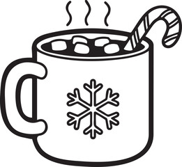 A steaming mug of hot chocolate with marshmallows and a candy cane lineart vector illustration.