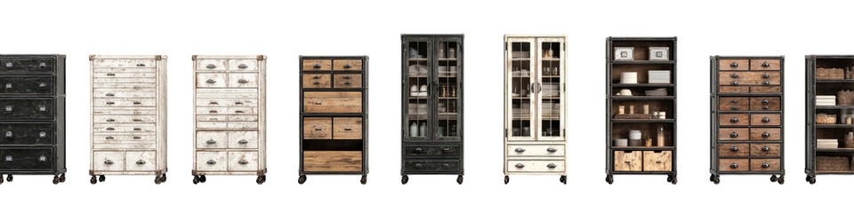 Variety of  wooden cabinets and dressers in different colors and styles