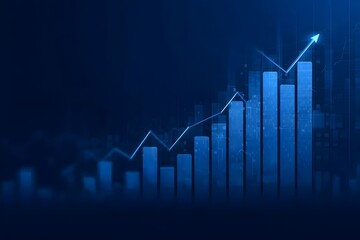 Blue stock market graph, a business background with an upward bar chart and financial data on a dark blue banner for trading or business growth concept