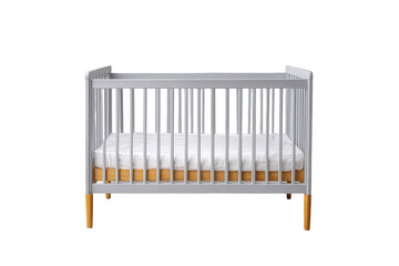 Grey baby crib with mattress isolated on transparent background