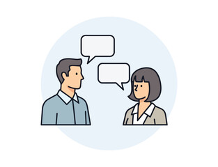Illustration of a man and woman in conversation with speech bubbles