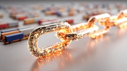A chain link, glowing with intricate network, rests on a surface with shipping containers