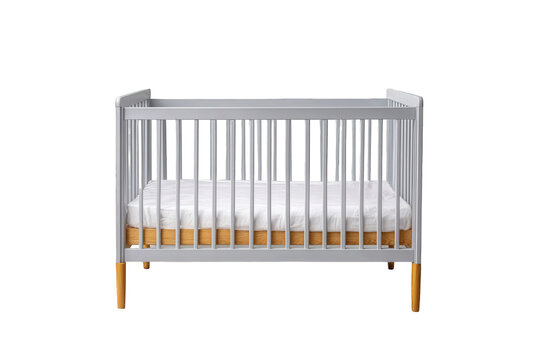 Grey baby crib with mattress isolated on transparent background