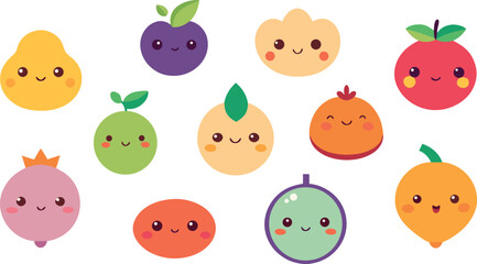 Fototapeta premium Cute Fruit Icon Set Japanese Kawaii Style