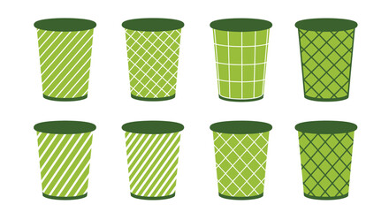 Collection of green trash cans with various patterns, including diagonal lines, squares, and grids, isolated on white background, vector illustration
