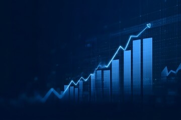 Blue stock market graph, a business background with an upward bar chart and financial data on a dark blue banner for trading or business growth concept