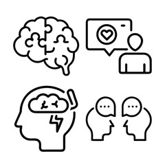 A collection of line art icons illustrating brain activity, a person receiving positive feedback, a stressed mind, and two people in conversation.
