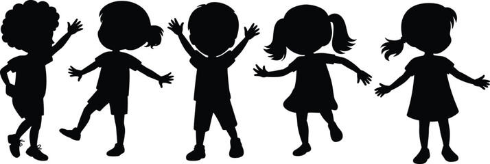 Children silhouette vector, playful kids dancing, black outline figures, childhood activity concept, isolated on white, energetic pose, fun movement illustration