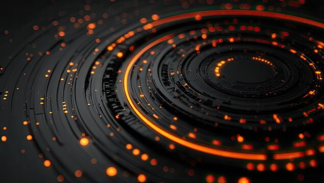 Abstract, concentric, black, circular, technological design with orange highlights