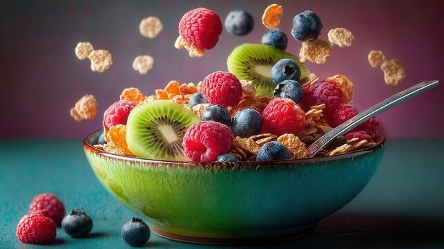 Delicious Breakfast Cereal With Raspberries, Blueberries, and Kiwi in a Bowl
