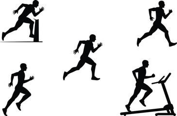 Silhouettes of athletes running, sprinting, treadmill workout, fitness training, male runner exercising, sports activity, health, endurance, motion, workout motivation, jogging, athlete competition