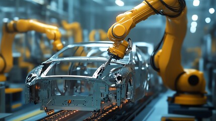 Automated robotic arm painting car body in automotive production line