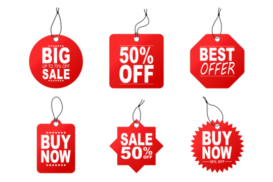 Realistic red price tags collection. Special offer or shopping discount label. Retail paper sticker. Promotional sale badge with text. Vector illustration. Black Friday and Cyber Week and Cyber Monday
