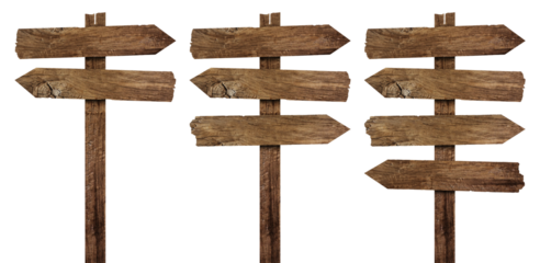wooden arrow sign post or road signpost isolated