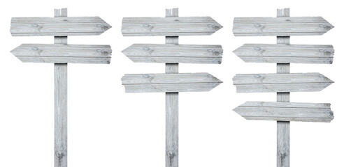 wooden arrow sign post or road signpost isolated