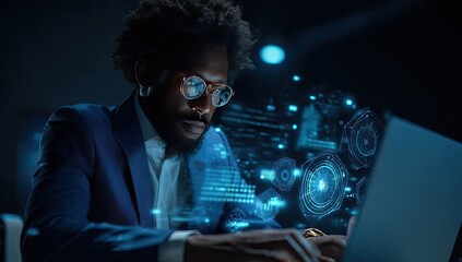 Focused man in suit, working on laptop with holographic data overlay