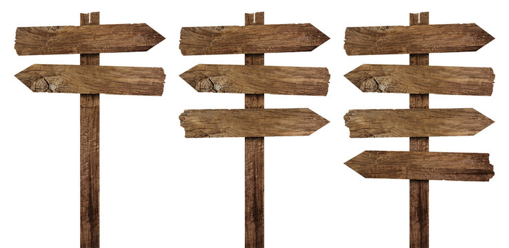 wooden arrow sign post or road signpost isolated
