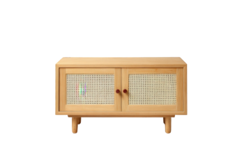 Wooden cabinet with rattan cane doors isolated on transparent background