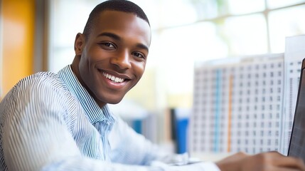 Man smiling while working on financial spreadsheet