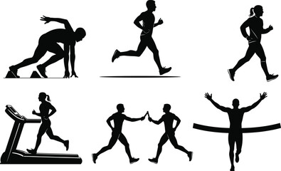 Silhouettes of athletes running, jogging, sprinting, treadmill workout, marathon finish line, sports competition, fitness training, healthy lifestyle, endurance, exercise motivation