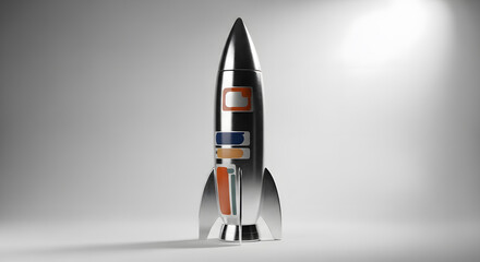 Thermos bottle stylized as a retro rocket, metallic, labels without text, neutral background with soft light.