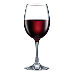 A stemmed wine glass filled with red wine