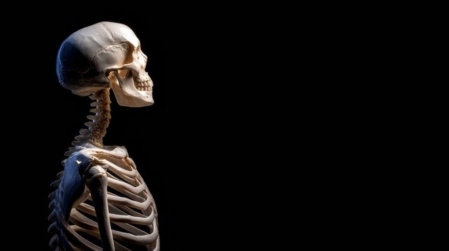 Detailed human skeleton side profile with skull, ear canals, and nasal cavity visible against a black background,