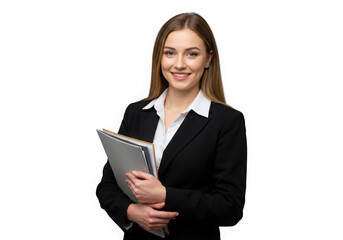 Confident businesswoman in black suit holding folder isolated on transparent background