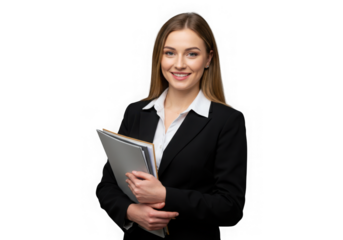 Confident businesswoman in black suit holding folder isolated on transparent background