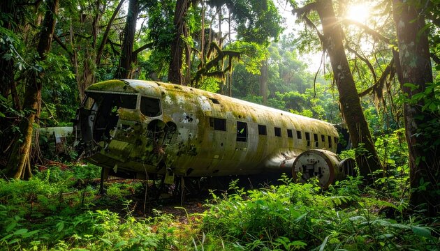 avi&oacute;n abandonado y corro&iacute;do por el paso del tiempo, cubierto de &oacute;xido y con partes de su fuselaje deterioradas. La aeronave est&aacute; medio oculta entre la maleza, rodeada de un denso bosque con &aacute;rboles 