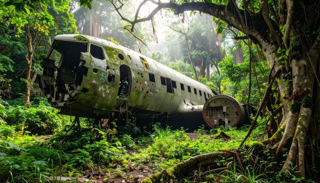 avi&oacute;n abandonado y corro&iacute;do por el paso del tiempo, cubierto de &oacute;xido y con partes de su fuselaje deterioradas. La aeronave est&aacute; medio oculta entre la maleza, rodeada de un denso bosque con &aacute;rboles 