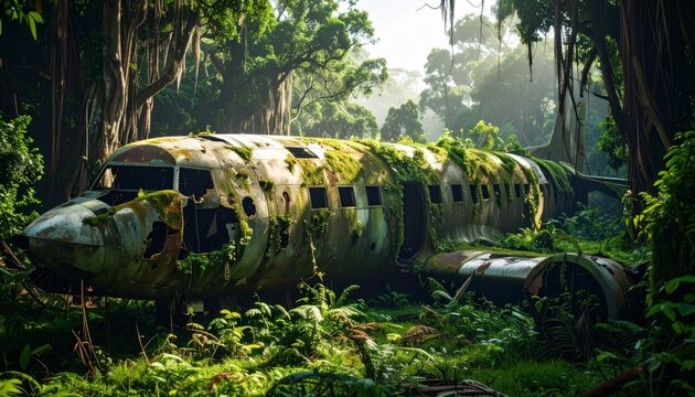 avi&oacute;n abandonado y corro&iacute;do por el paso del tiempo, cubierto de &oacute;xido y con partes de su fuselaje deterioradas. La aeronave est&aacute; medio oculta entre la maleza, rodeada de un denso bosque con &aacute;rboles 