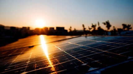 Obraz premium An array of solar panels installed on a rooftop with one glossy panel reflecting sunlight vividly,