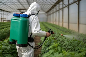 Farmer in protective suit sprays crops in a greenhouse with a backpack sprayer to prevent pests and diseases