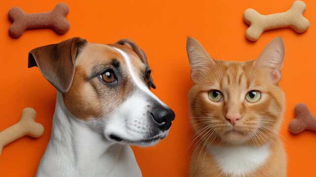 Curious dog and cat duo in playful orange background with colorful bones
