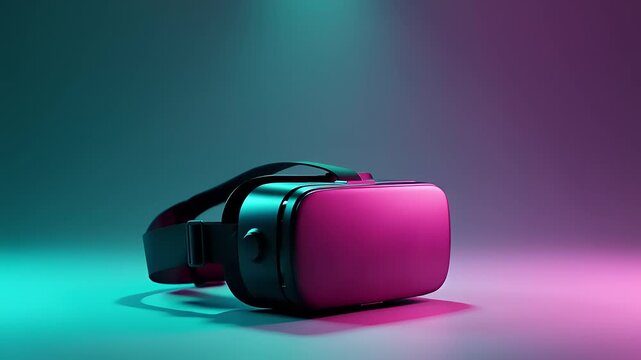 Futuristic virtual reality headset illuminated by vibrant neon pink and cyan lights, symbolizing immersive digital entertainment and the metaverse