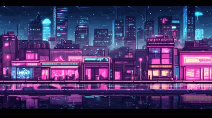Obraz premium Pixelated cityscape glowing with neon lights, mirroring in a tranquil water surface at night