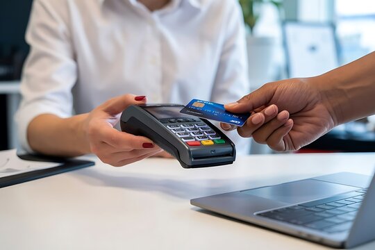 Customer uses a contactless payment method with a credit card to pay for a service at a point of sale terminal - Powered by Adobe