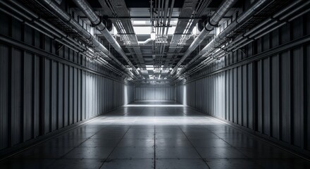 Modern industrial corridor with exposed pipes, cable trays, and reflective floor, illuminated by bright lights, creating a clean futuristic pathway.