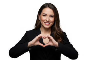 Smiling businesswoman in suit making heart shape with hands isolated on transparent background