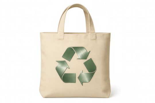 Beige tote bag featuring green recycle symbol, promoting environmental awareness and sustainable practices on transparent background
